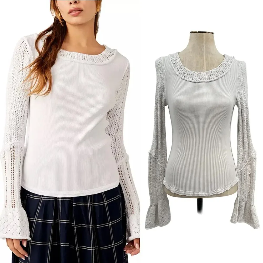 Free People Cuffing Season Top‎ Round-Neck Long-Sleeve Top White Size Medium
